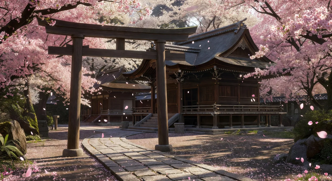 Traditional Japanese Temple with Cherry Blossoms